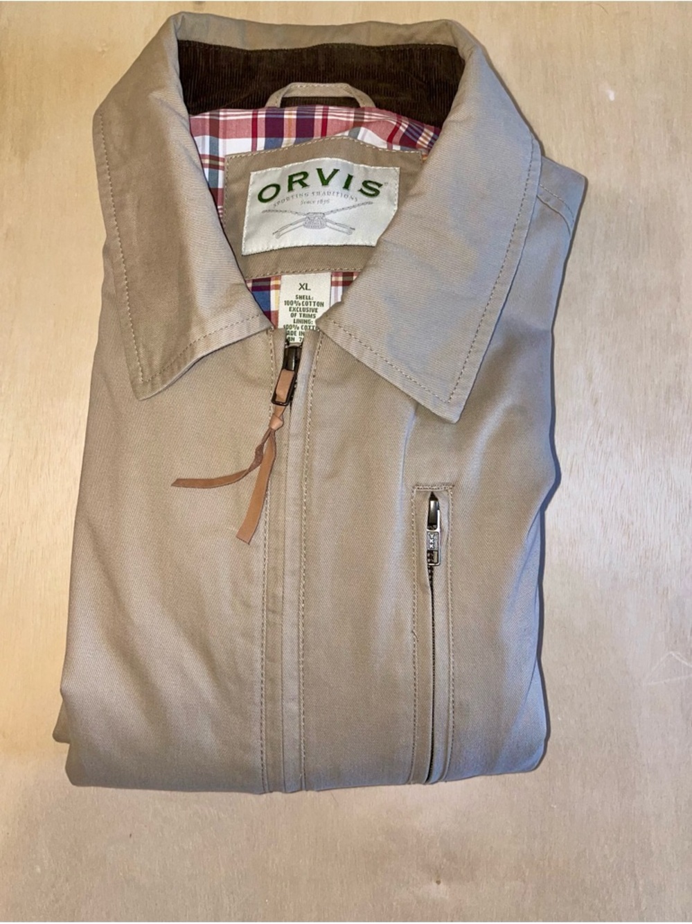 Orvis Tan Cotton Jacket with Red & Navy Plaid Lining - Picture 13 of 13